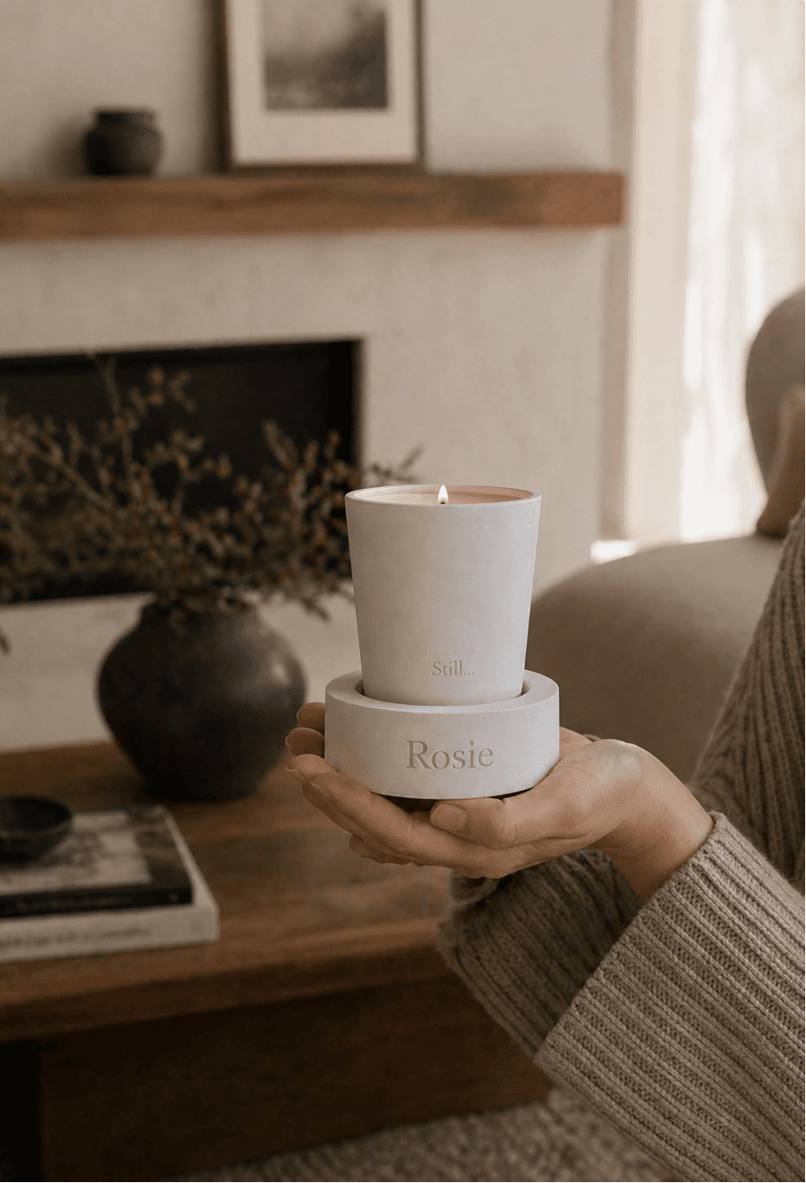 A Still… held in hands by the fireplace